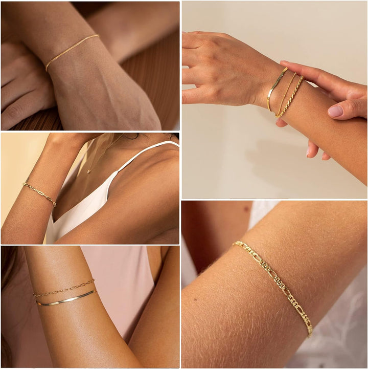 Gold Bracelets for Women Waterproof, 14K Real Gold Jewelry Sets for Women Trendy Thin Dainty Stackable Cuban Link Paperclip Chain Bracelet Pack Fashion Accessories Gifts for Women Girls