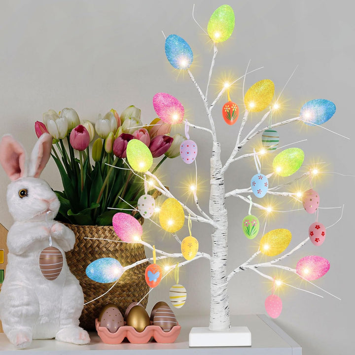 Easter Day Table Decorations, 2 Pack 24 Inches Lighted Birch Tree for Tabletop, Adjustable Colorful Egg Shaped Lighted Tree Decor with Hanging Eggs for Happy Easter Day Home Indoor Outdoor Party