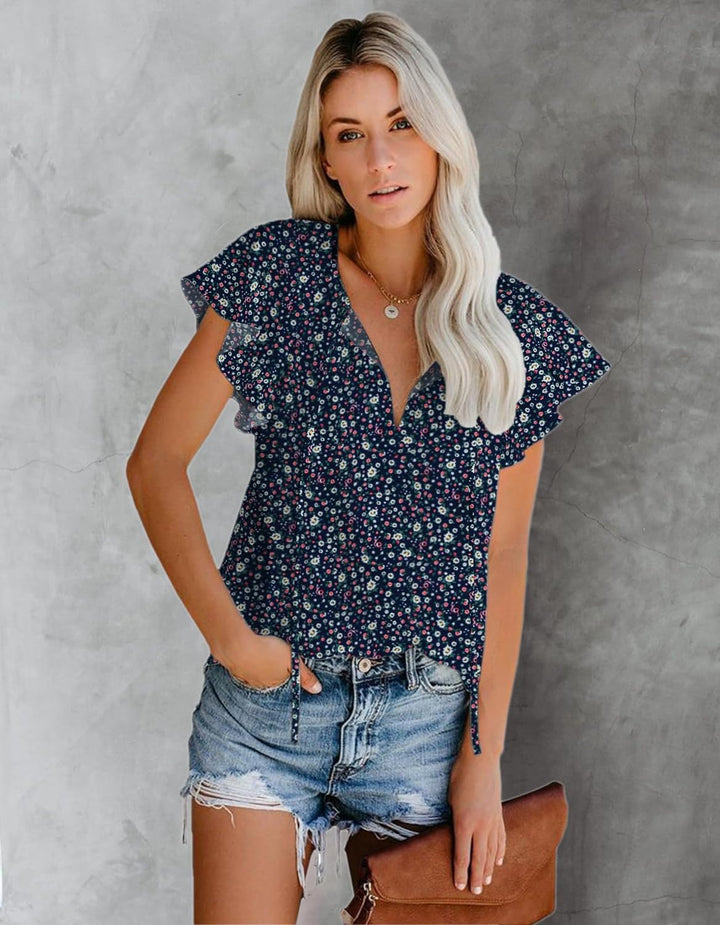Women'S Boho Tops Floral V Neck Short Sleeve Summer Blouse Shirts