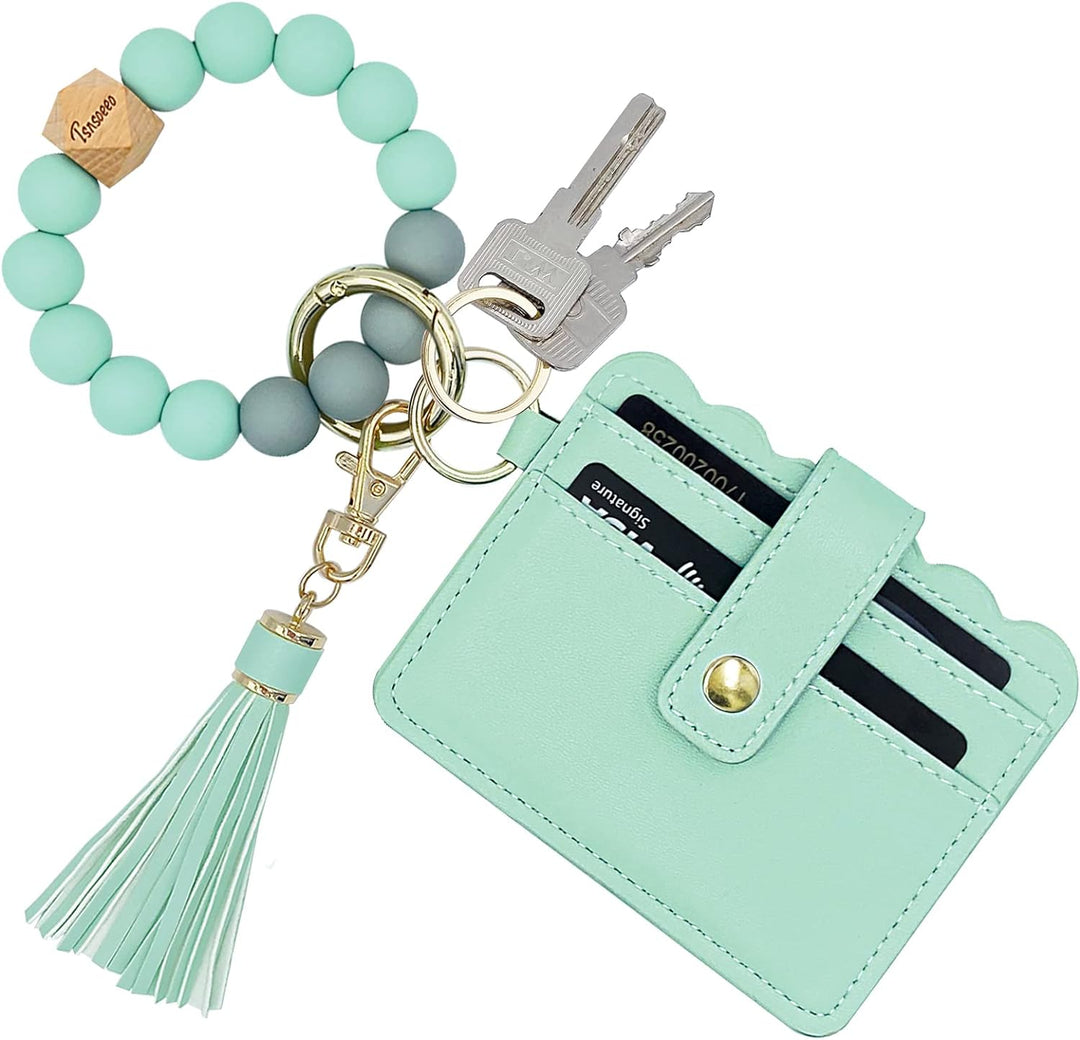 Keychain Wallet Wristlet Small Credit Card Holder Bracelet Key Chain Purse Bangle Tassel Beads Key Rings for Women