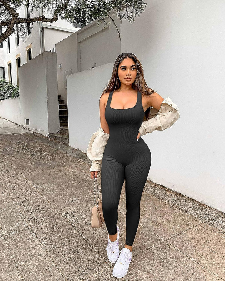 Women Workout Seamless Jumpsuit Yoga Ribbed Bodycon One Piece Square Neck Leggings Romper