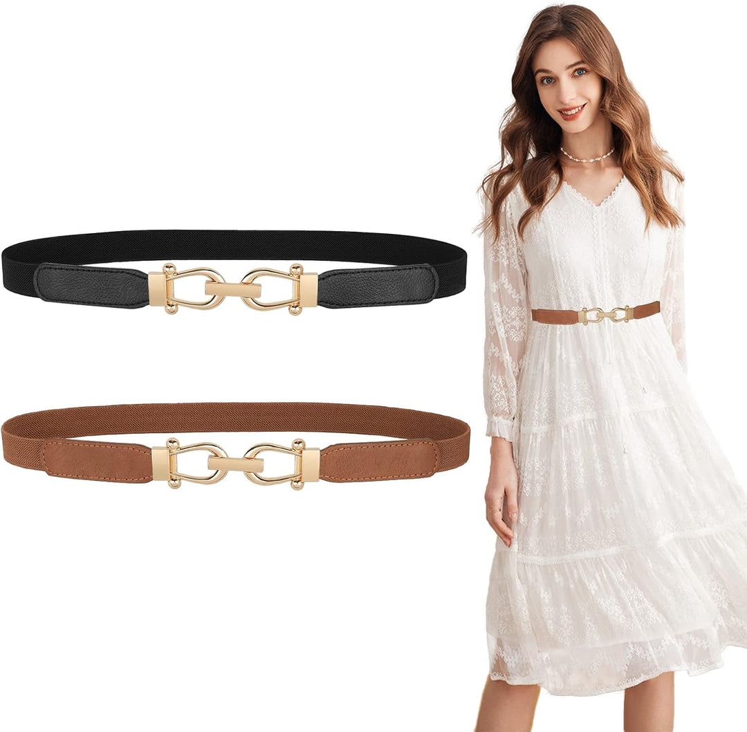 Women Skinny Elastic Belt for Dresses,Thin Retro Stretch Waist Belt with Golden Buckle 2 Pack