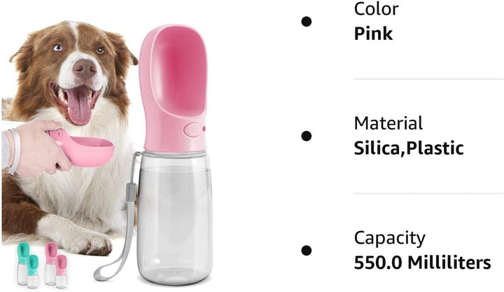 Dog Water Bottle, Lightweigh, Leak Proof Portable Travel Dog Water Dispenser - Perfect Puppy Drinking Bowl on the Go for Outdoor Walking and Hiking - Pet Accessories (19Oz, Pink)