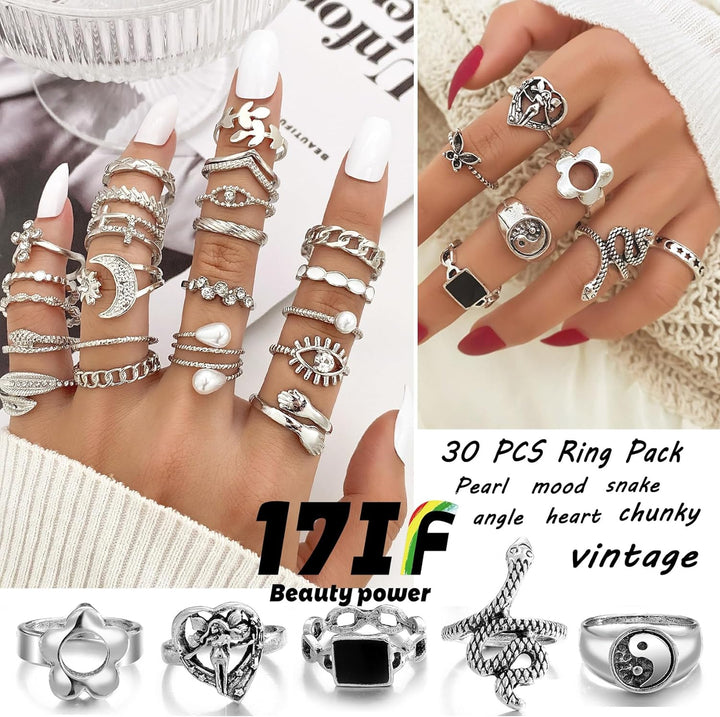 35-53 Pcs Silver Gold Jewelry Set for Women 12-30 Pcs Rings 4-7 Pcs Necklace 11-14 Pcs Bracelet and 5-16 Earring, Indie Stackable Vintage Boho Pearl Adjustable Jewerly Pack for Girl