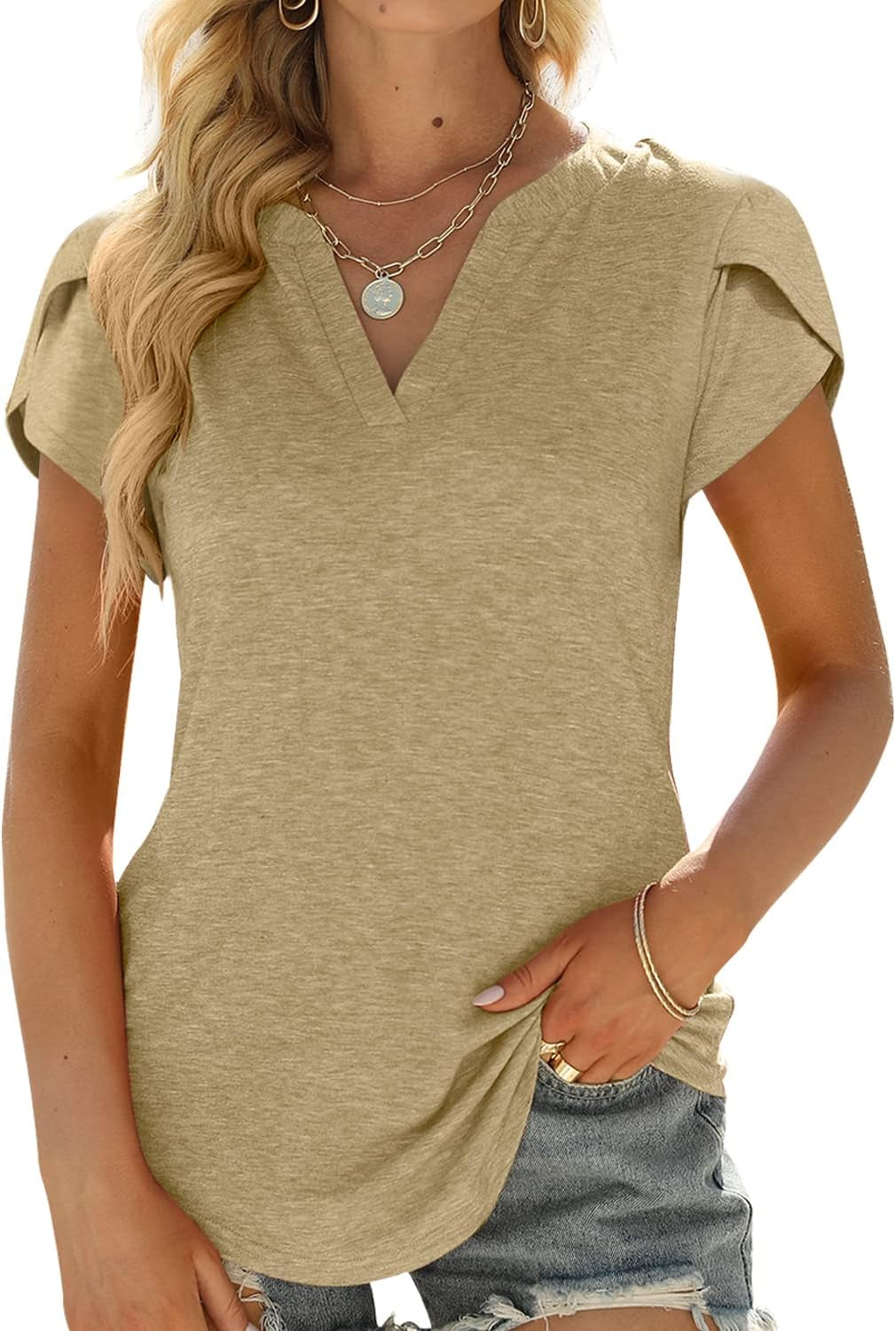 Womens Tops V Neck Ruffle Short Sleeve Tshirts Tunic Summer Business Casual Tops Blouses for Women