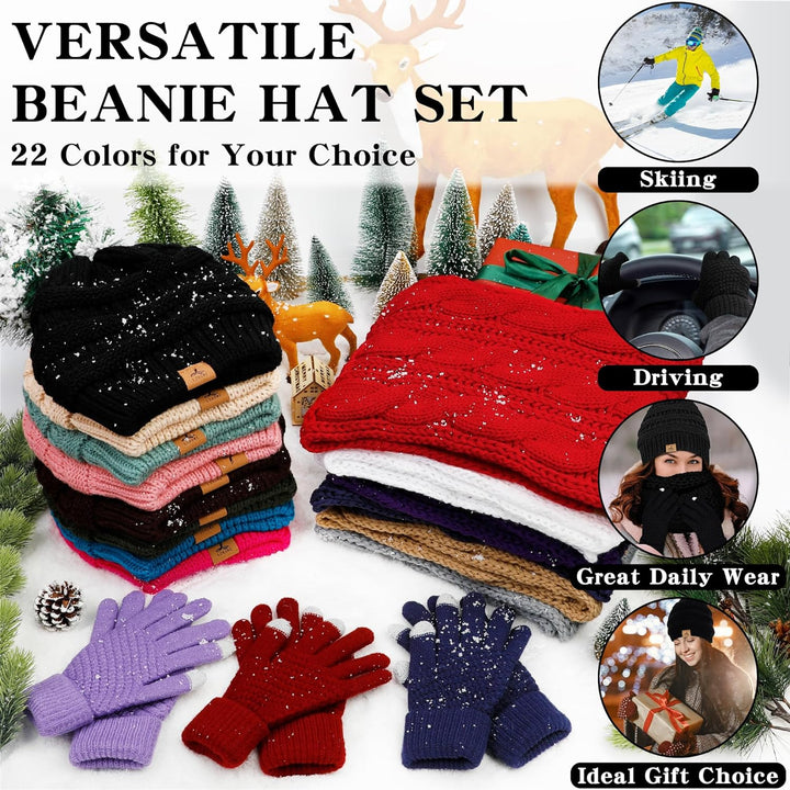 Winter Beanie Hat Scarf Gloves, Warm Fleece Knit Winter Hats Touch Screen Gloves Neck Scarf Set Winter Gifts for Women Men