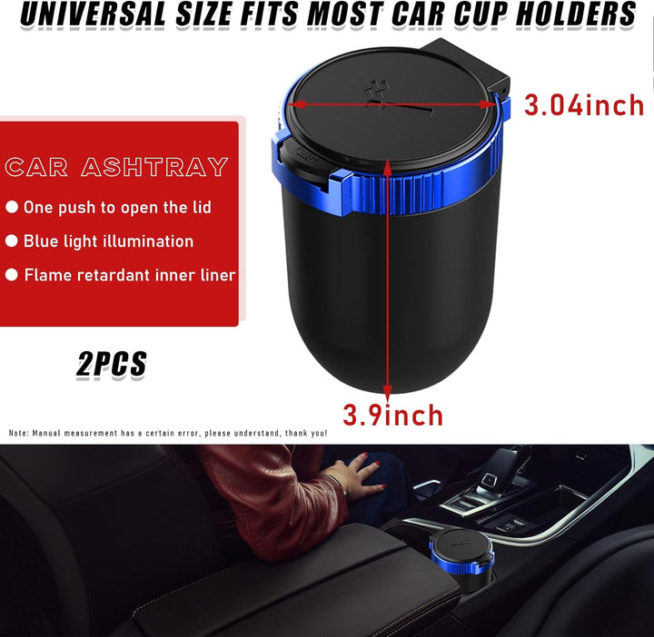 2 PCS Car Ashtray with Lid, Detachable Stainless Smokeless Auto Ashtray, Portable Mini Vehicle Trash Can with LED Blue Light, Universal Interior Accessories for Cup Holder (Blue)