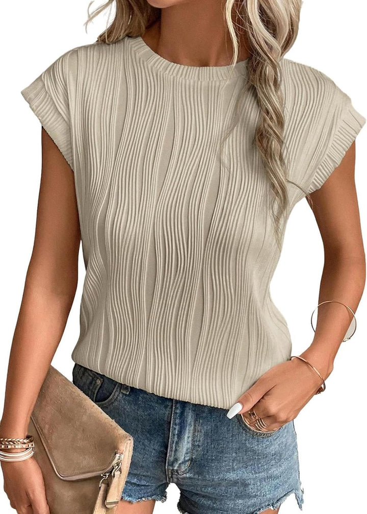 Womens Short Sleeve Textured Tops Crewneck Knit Solid Loose Casual Basic T Shirts Tee Blouses