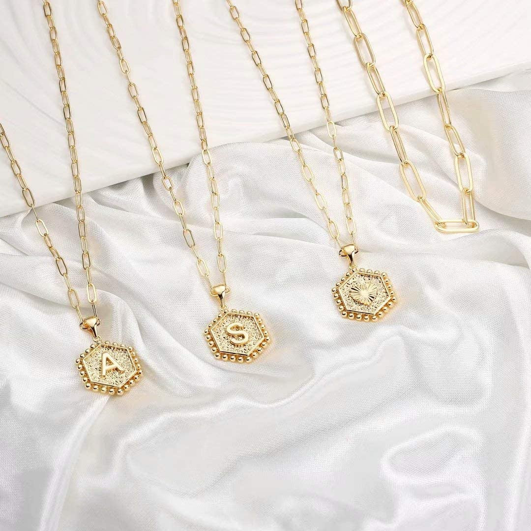 Dainty Gold Necklace for Women - 14K Solid Gold over Layering Necklaces for Women Cute Hexagon Letter Initial Necklaces for Women Gold Layered Necklaces for Women Jewelry Gifts