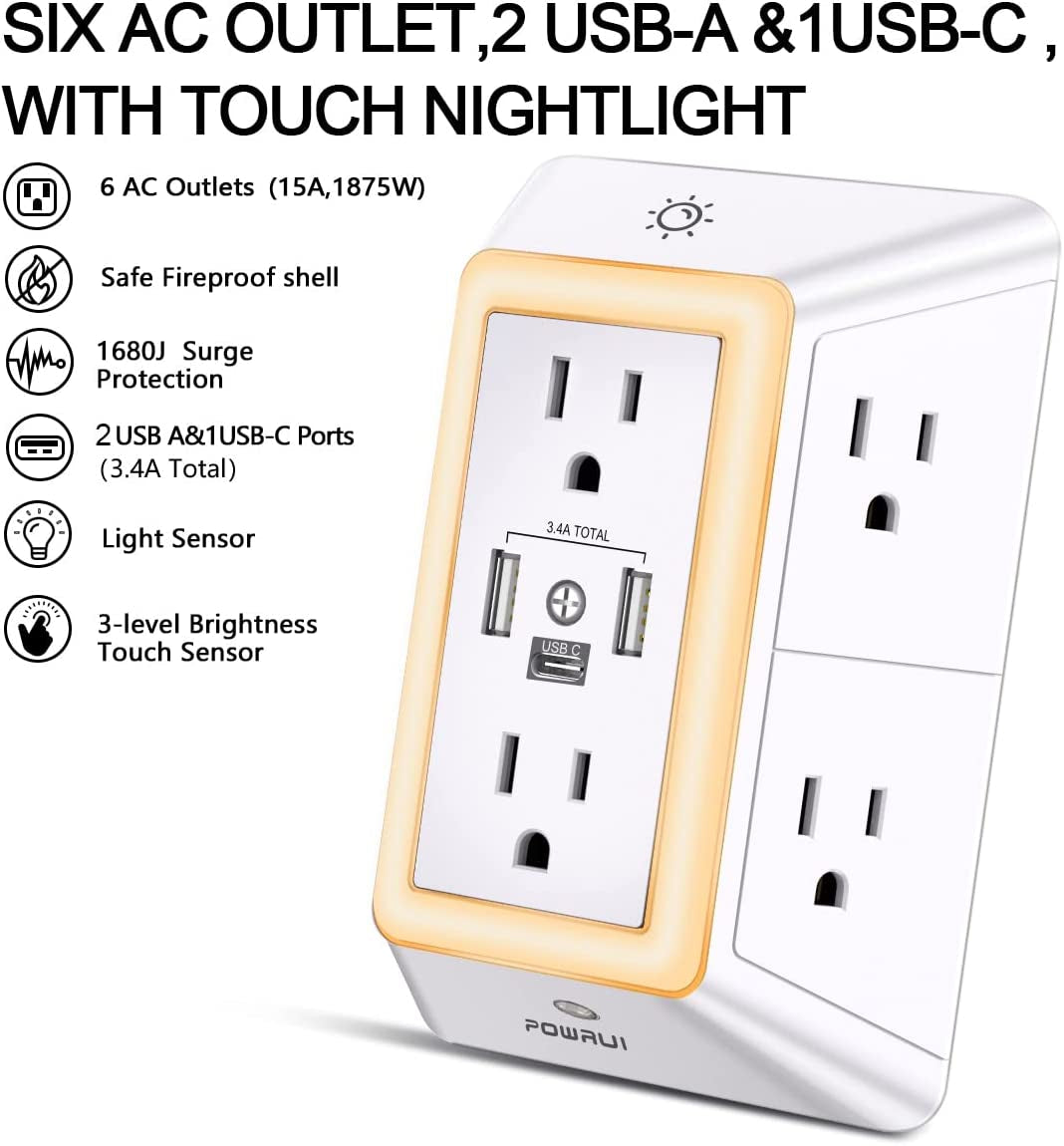 Multi Plug Outlet Surge Protector -  6 Outlet Extender with 3 USB Ports (1 USB C) and Night Light, 3-Sided Power Strip with Adapter Spaced Outlets - White，Etl Listed