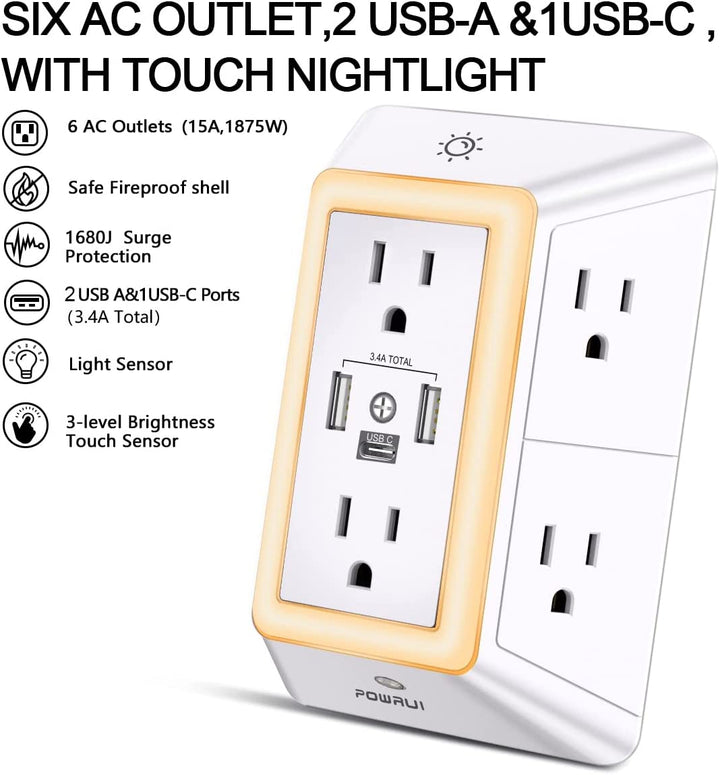 Multi Plug Outlet Surge Protector -  6 Outlet Extender with 3 USB Ports (1 USB C) and Night Light, 3-Sided Power Strip with Adapter Spaced Outlets - White，Etl Listed