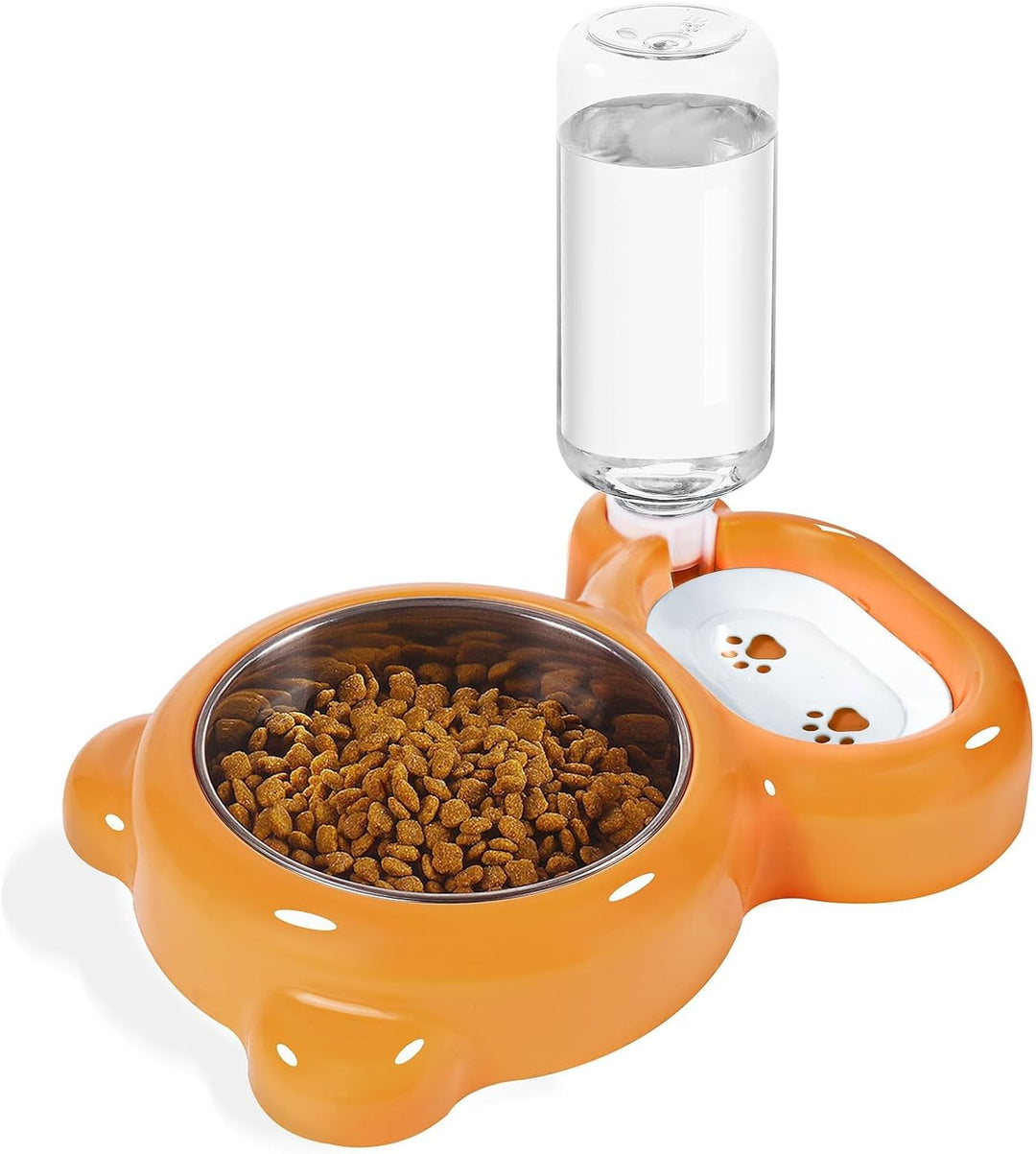 Dog Bowls, Cat Food and Water Bowl Set with Water Dispenser and Stainless Steel Bowl for Cats and Small Dogs - Orange