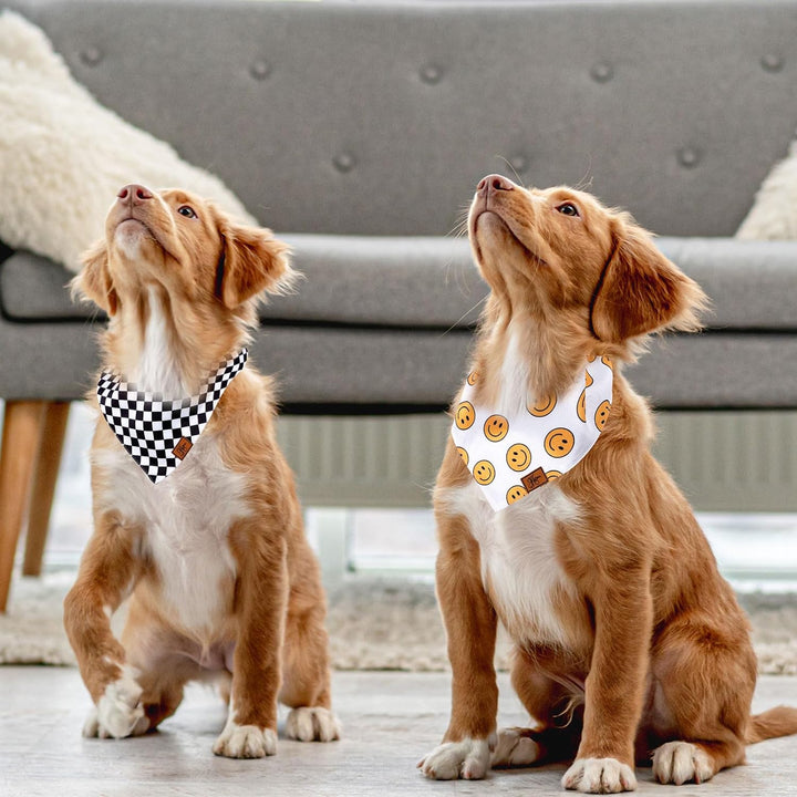2Pcs One Happy Dude Dog Bandana Boho Smile Face Checkerboard Print Fabric Pet Scarf Medium Sizes Adjustable Pet Neckerchief Dog Bibs for Birthday Costume Accessories