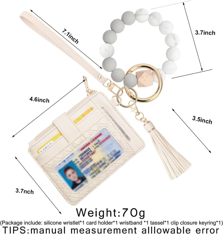 Wristlet Bracelet Keychain Pocket Credit Card Holder Purse,Tassel Keychain Silicone Beaded Bangle Key Ring for Women