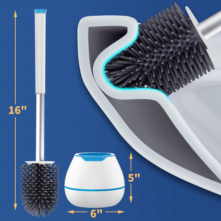 Toilet Brush and Holder Set, Silicone Toilet Bowl Cleaner Brush, Toilet Scrubber Brush with Tweezers for Bathroom Cleaning, RV Accessories and House Organization Must-Haves - White & Blue