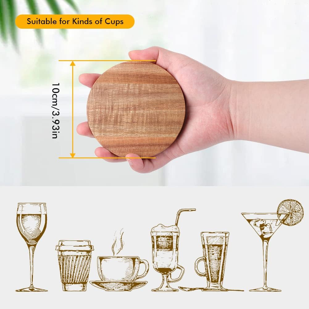 Wood Coasters for Drinks with Bottle Opener Holder Set of 6, Acacia Wooden Coasters for Coffee Table Dining Table Desk with Non-Slip Pad Cup Coasters for Home Office Christmas Decor 4 Inch