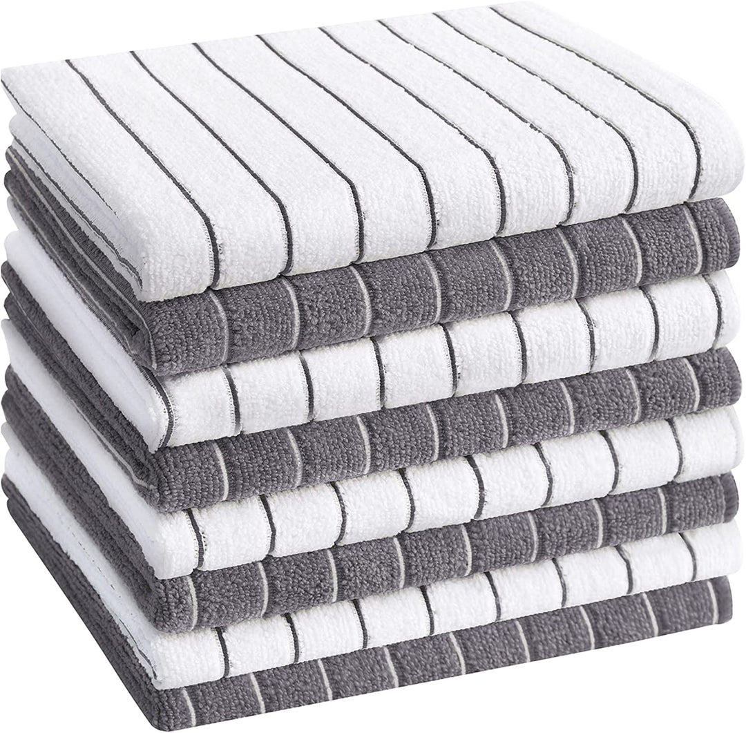 Microfiber Kitchen Towels, Stripe Designed, Super Soft and Absorbent Dish Towels, Pack of 8, 18 X 26 Inch, Gray and White