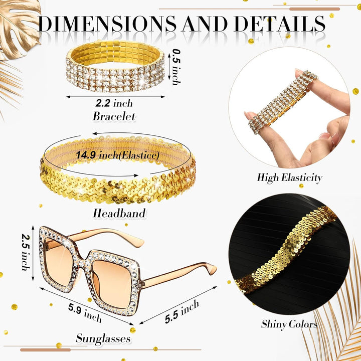 5 Pcs 70S Disco Accessories Women Costume Jewelry Disco Earrings Sequin Scarf Sunglasses Diamond Bracelet Headband
