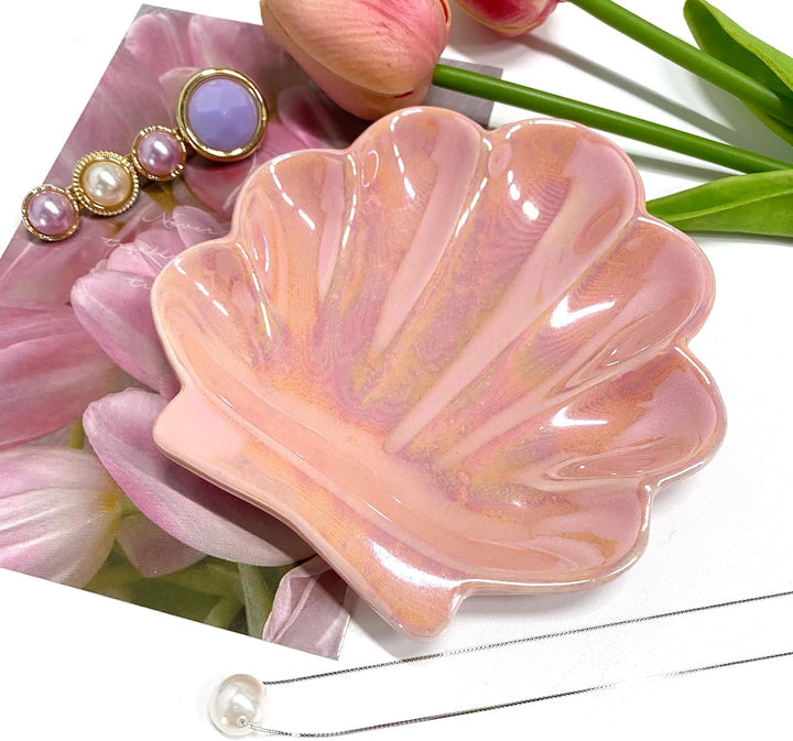 Sea Shell Jewelry Dish, Shell Trinket Dish, Ceramic Seashell Jewelry Holder, Cute Organizer Plate Vanity Decorations Accessories for Home Décor Bathroom (Pink Shell)