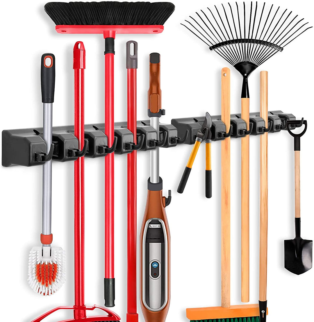 2 Pack Mop and Broom Holder, Wall Mounted Organizer Mop and Broom Storage Tool Rack with 5 Ball Slots and 6 Hooks (Black)
