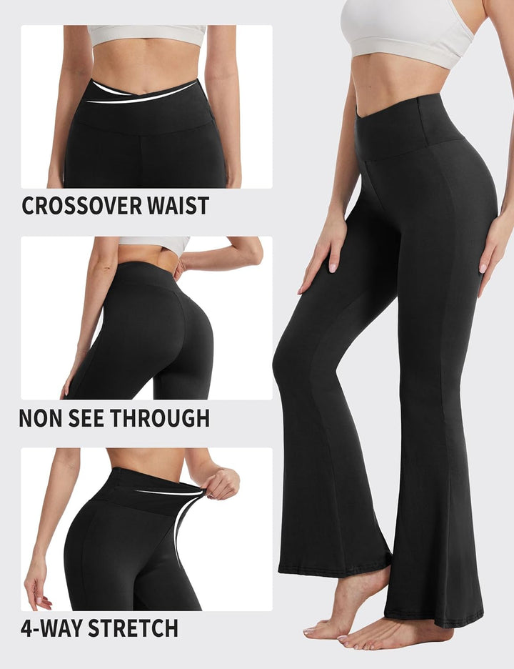Black Flare Yoga Pants for Women, Crossover Soft Bootcut Leggings