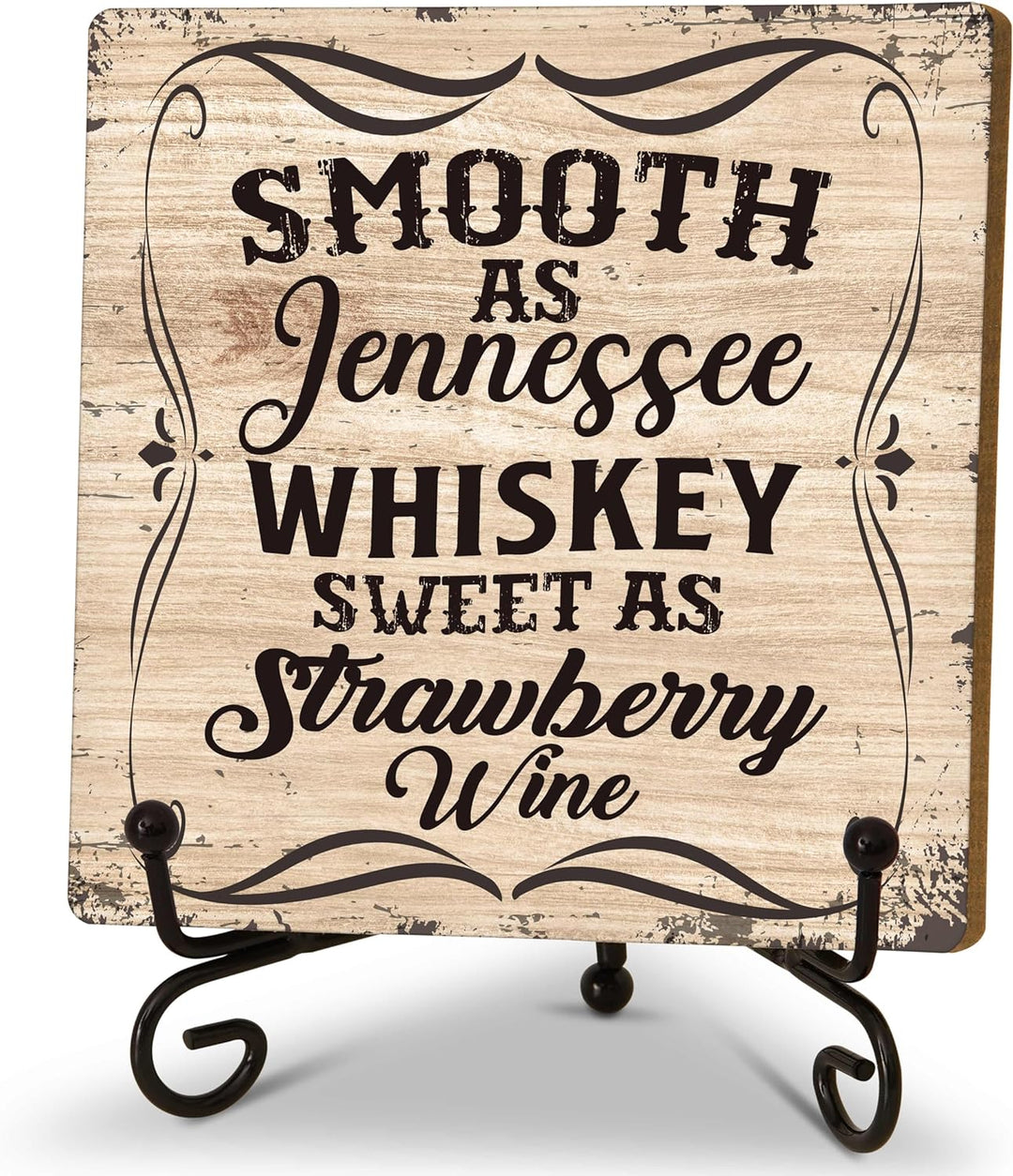 Smooth as Tennessee Whiskey Sweet as Strawberry Wine Sign, Coffee Bar Sign, Retro Country Western Decor, Whiskey Lover Gift, Home Office Room Desk Decor, Wood Plaque Sign with Metal Stand (D04)