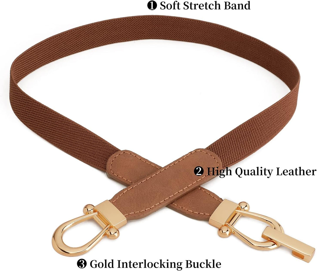 Women Skinny Elastic Belt for Dresses,Thin Retro Stretch Waist Belt with Golden Buckle 2 Pack