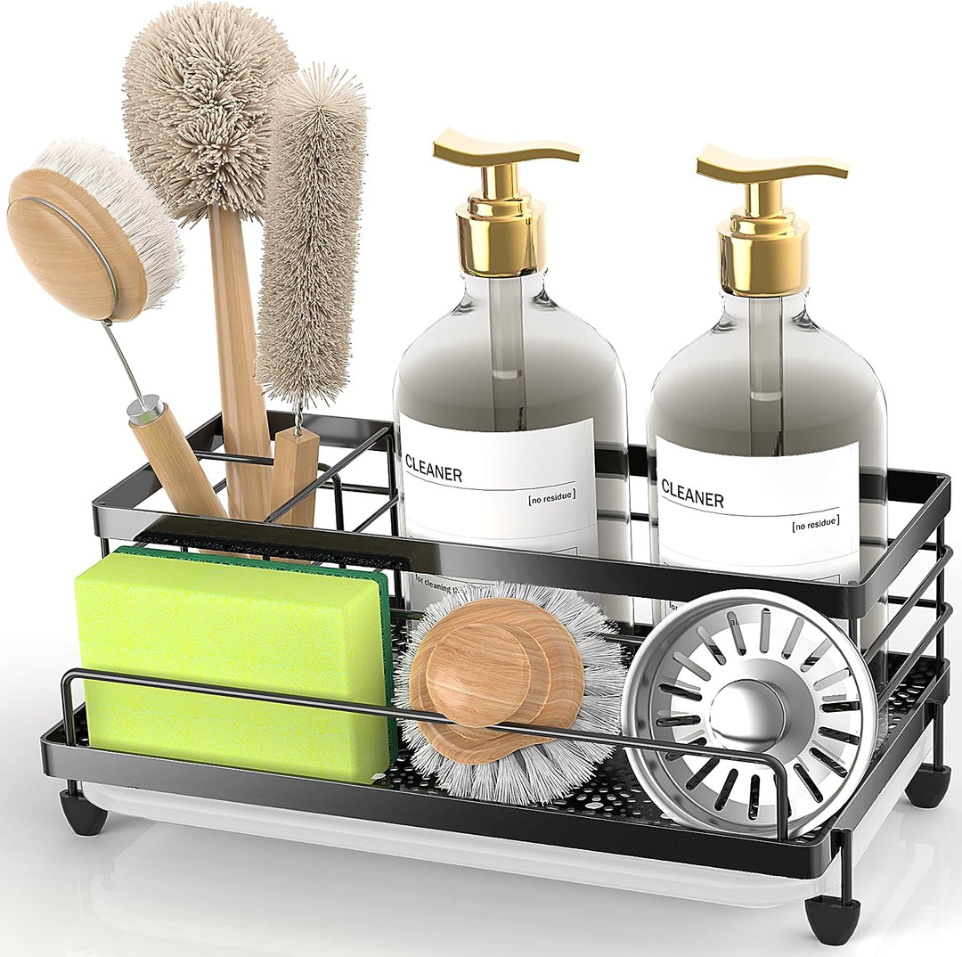 Sponge Holder , Caddy Organizer, Sink Accessories with Drip Tray, Rustproof and Non-Slip , Kitchen Essentials for New Home（Matte Black