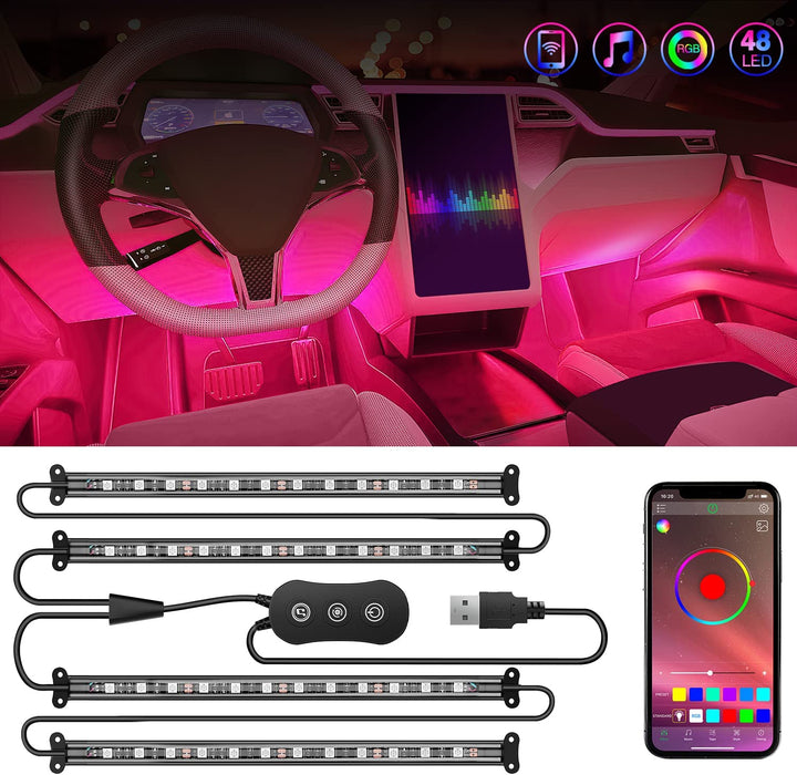 4PCS USB Interior Car Lights 48 Leds RGB LED Strips Lights with App Control Music Sound Active Mode under Dash Footwell Ambient Lights 2 Line Design for Car Truck ATV UTV, 2 Years Warranty
