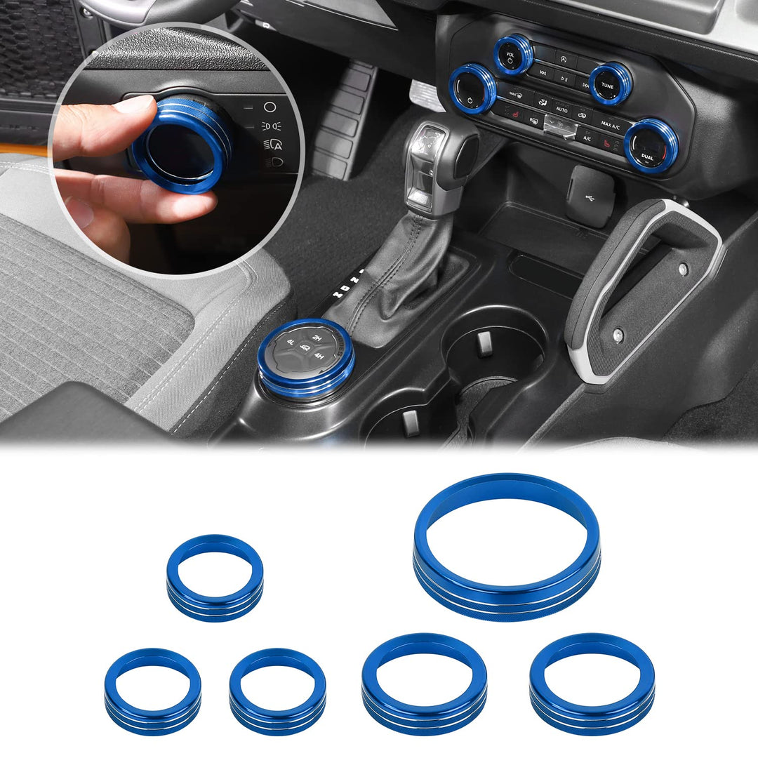 Air Conditioner Headlight Switch Knob 4WD Wheel Drive Trailer Gear Switch Knob Cover for 2021-2024+ Ford Bronco Accessories Aluminum Alloy 6PCS Blue（Don'T Fit Bronco Sport）