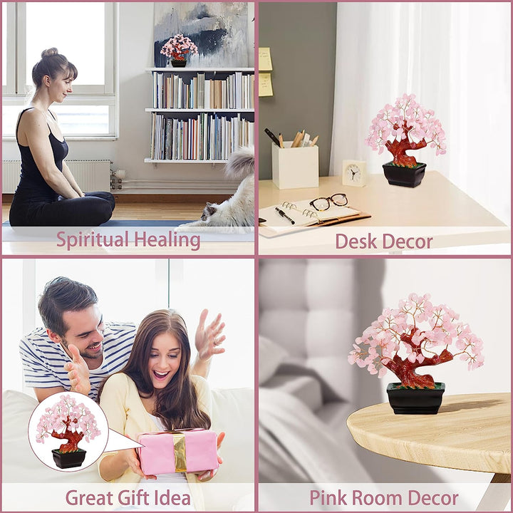 Feng Shui Natural Rose Pink Quartz Crystal Money Tree Bonsai Style Decoration for Wealth and Luck