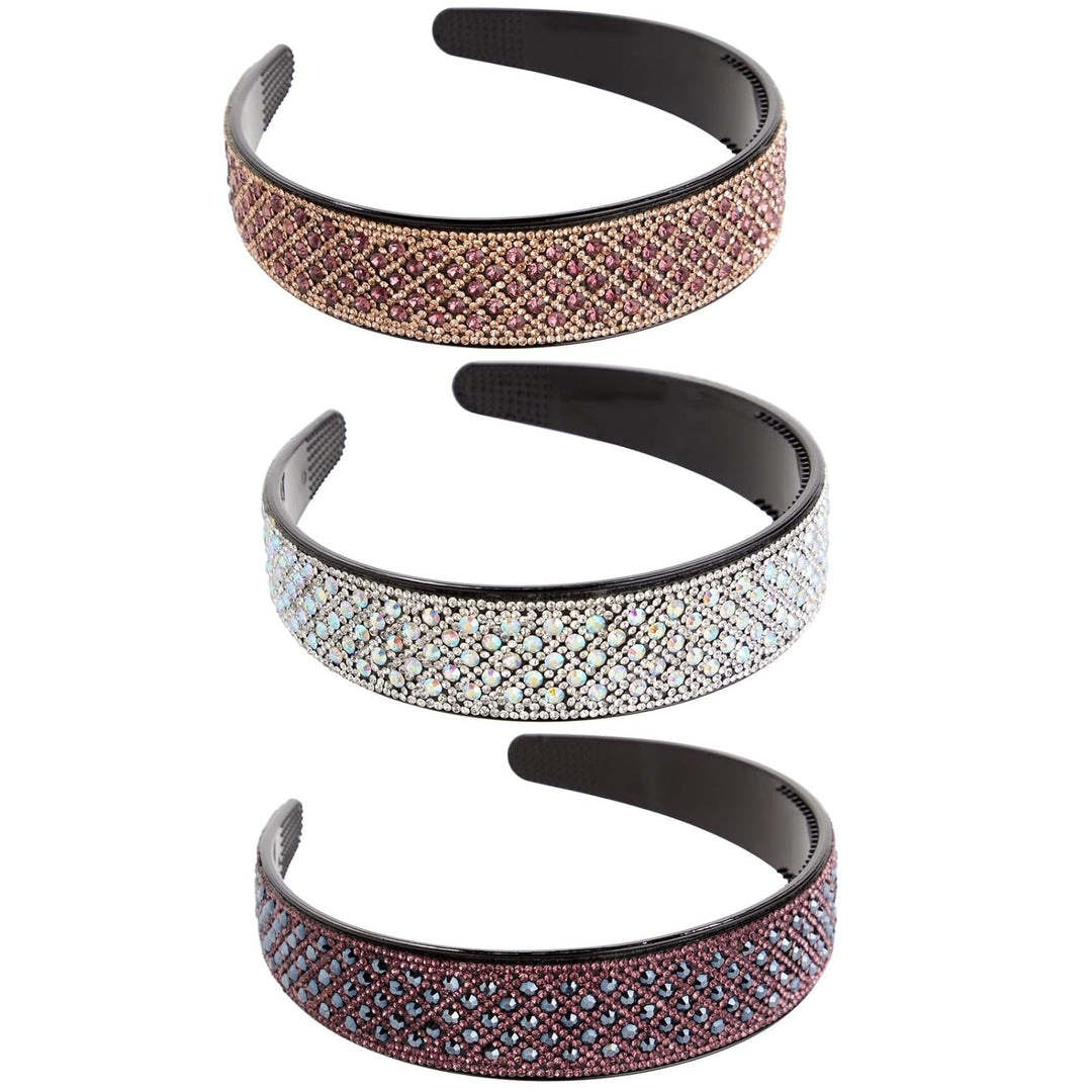 3 Pack of Jeweled Rhinestone Headbands for Women and Girls, Thick and Wide Non-Slip Hair Accessories