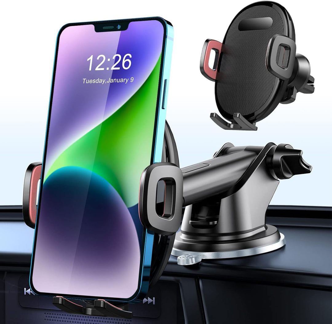 Cell Phone Holder Car Mount Vent Clip with Extended Arm Retractable Holds, Suction Cup Windshield Mount Stand, 360° Adjustable Car Phone Holder Car Dashboard