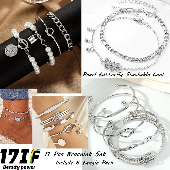 35-53 Pcs Silver Gold Jewelry Set for Women 12-30 Pcs Rings 4-7 Pcs Necklace 11-14 Pcs Bracelet and 5-16 Earring, Indie Stackable Vintage Boho Pearl Adjustable Jewerly Pack for Girl