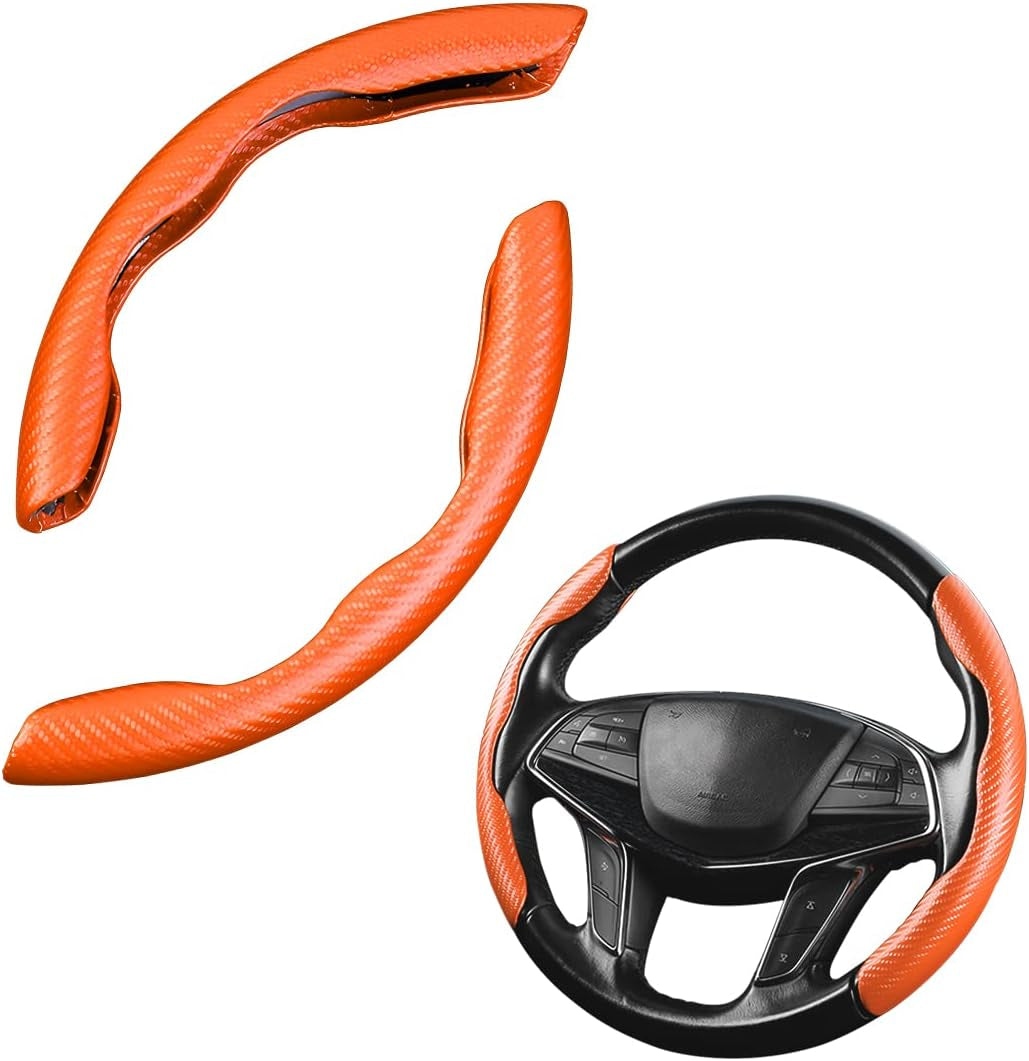 Car Steering Wheel Cover, 2PCS Segmented Steering Wheel Protector, Carbon Fiber Anti-Slip and Durable Car Accessory, Universal Fit for Most Cars (Carbon Fiber Orange)