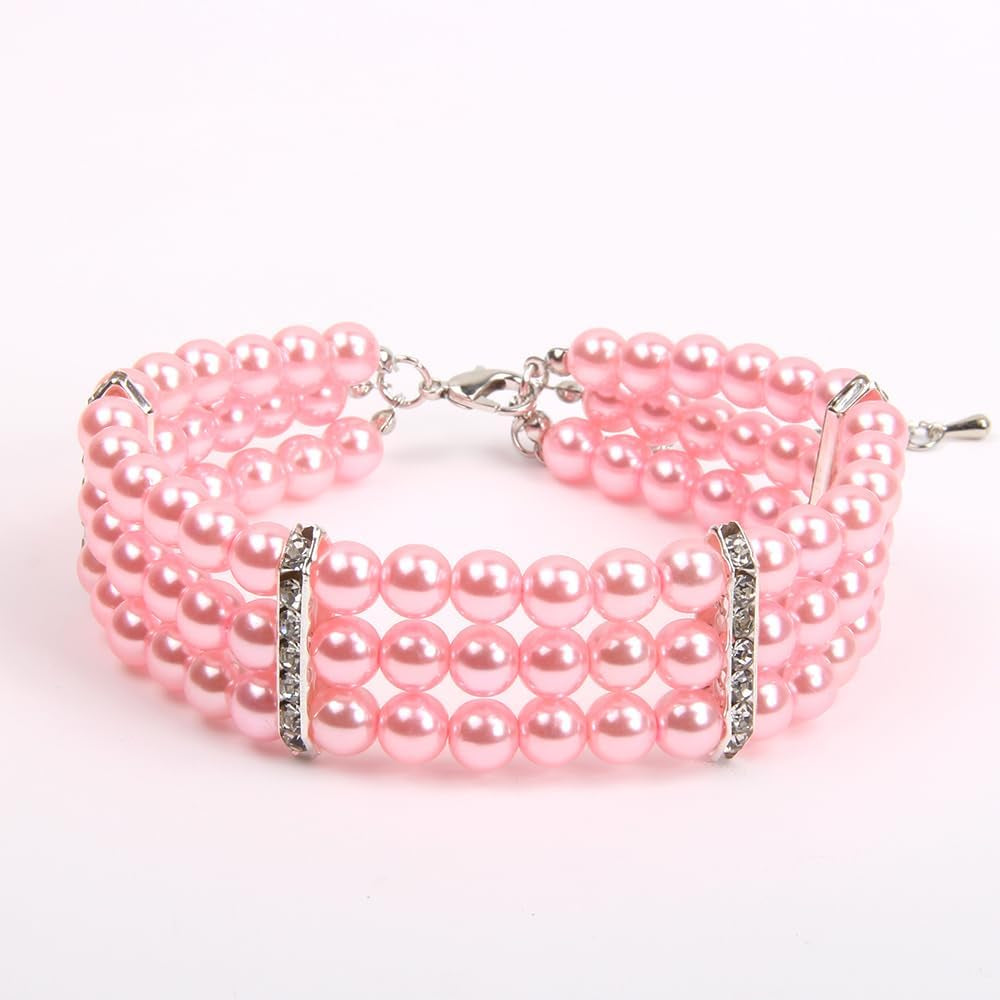 3 Rows Dog Cat Pearls Necklace Collar with Bling Accessories Pet Puppy Jewelry for Female Dogs Cats Small Medium (Pink, Large)