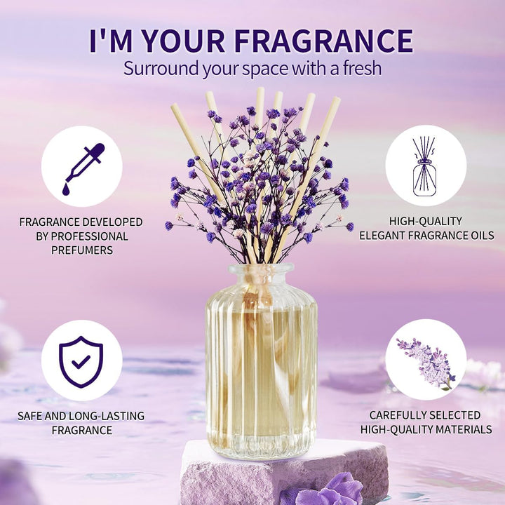 Premium Reed Diffuser Set with Preserved Real Flower&Reed Diffuser Sticks,5.9Oz,Lavender Thyme Scent Fragrance Essential Oil Scented Diffuser for Bedroom Bathroom Home Decor&Office Décor