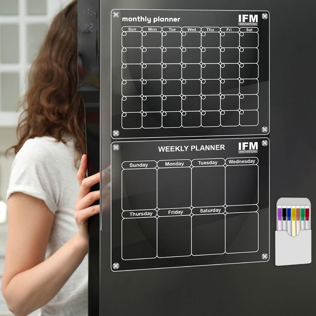 Fridge Acrylic Magnetic Calendar, Monthly & Weekly Planner (16"X12"), Includes Set with 6 Dry Erase Markers & 6 Magnetic Push Pins.