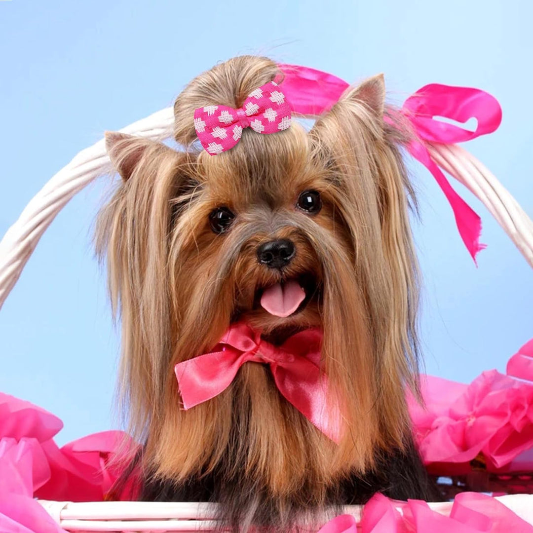 20Pc Pink Small Dog Hair Bows with Rubber Bands, Bulk Puppy Dog Hair Bows, Mix Handmade Cute Dog Gooming Flower Ball Bowknot Top Knot for Holiday Daily Yorkie Dog Hair Accessories