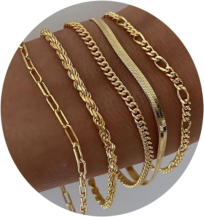 Gold Bracelets for Women, 14K Real Gold Jewelry Sets for Women Cute Tennis Beaded Bracelets for Women Cuban Link Paperclip Chain Dainty Bracelet Pack Gifts for Women Girls