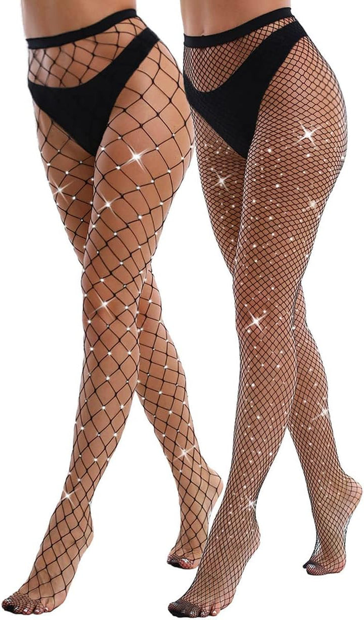 2 Pack Sparkly Large and Medium Mesh Fishnet Tights for Women Sexy Glitter Rhinestone Fishnets Stockings