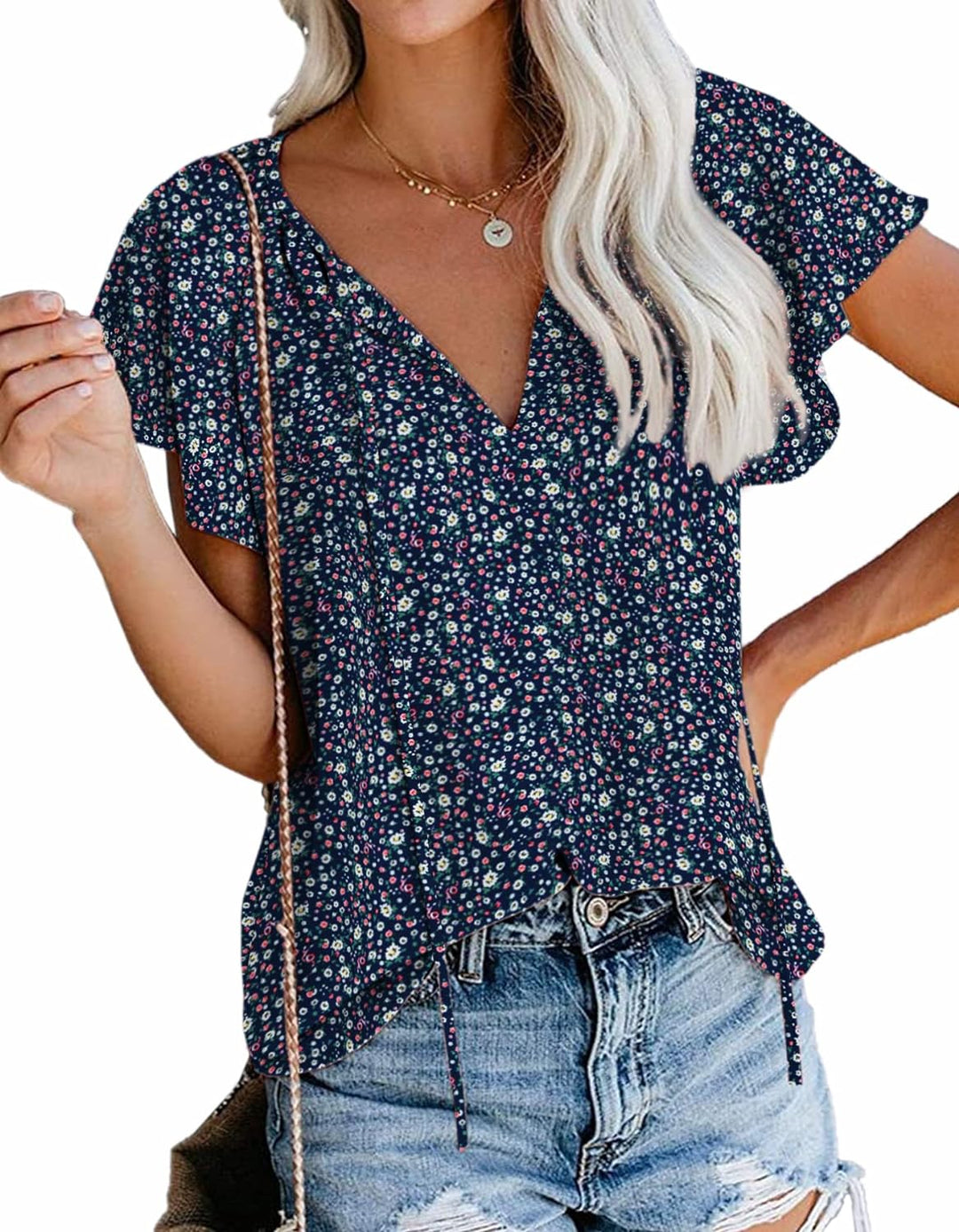 Women'S Boho Tops Floral V Neck Short Sleeve Summer Blouse Shirts