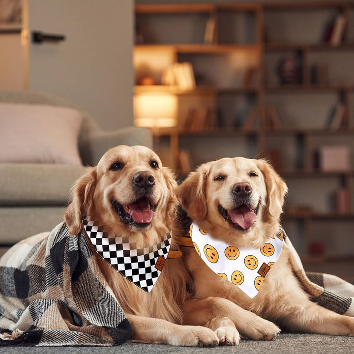 2Pcs One Happy Dude Dog Bandana Boho Smile Face Checkerboard Print Fabric Pet Scarf Medium Sizes Adjustable Pet Neckerchief Dog Bibs for Birthday Costume Accessories