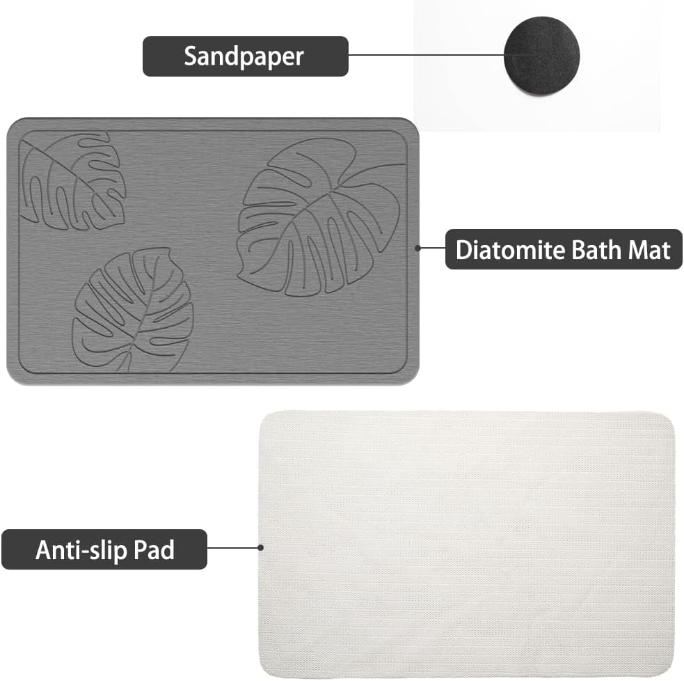 Stone Bath Mats, Diatomaceous Earth Bath Mat Non-Slip Highly Absorbent Quick Drying Diatomite Stone Bath Mat Bathroom Accessory for Home Spa (23.4 X 15.6 Inches) Dark Grey
