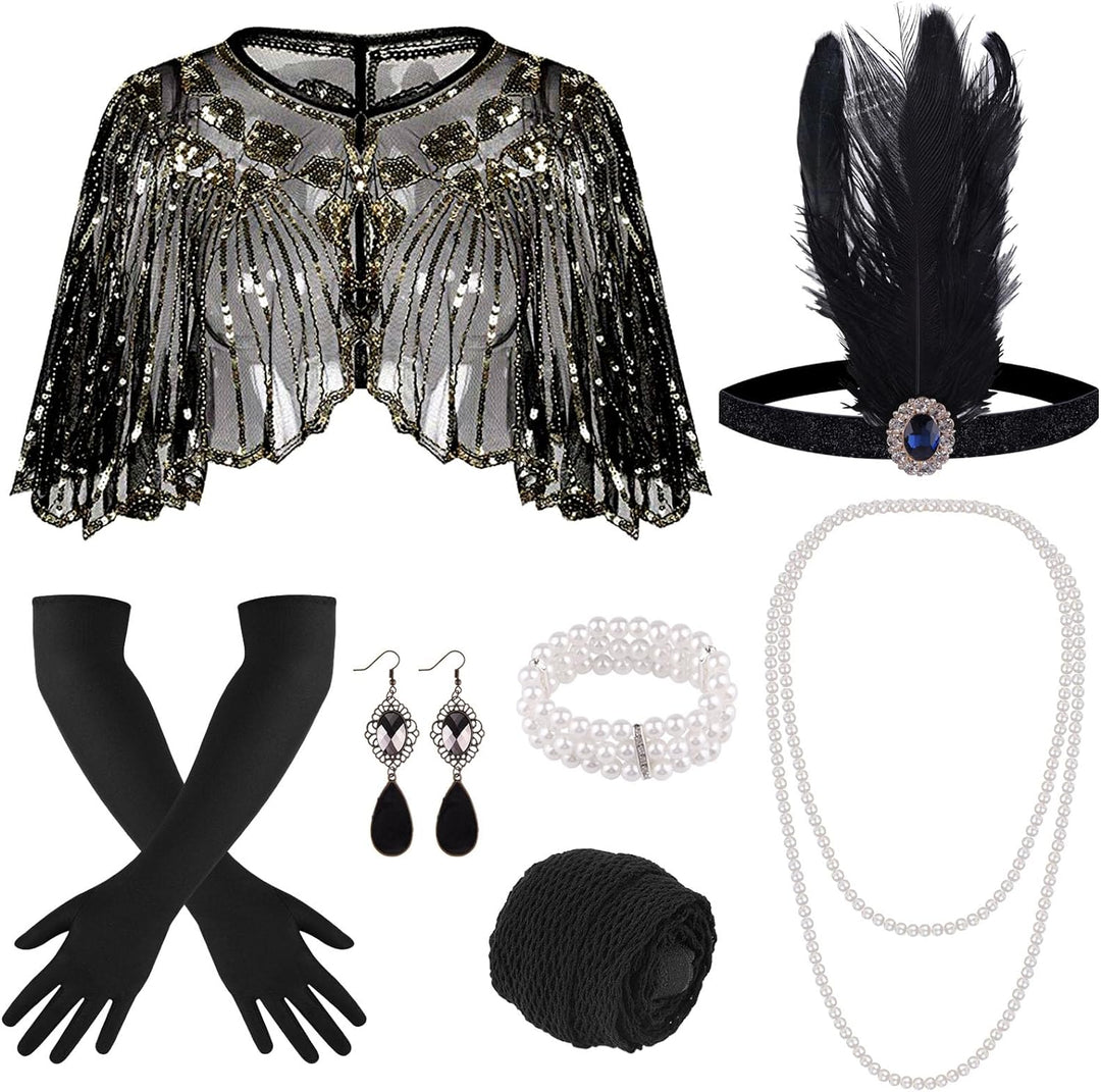 10 Pcs 1920S Flapper Great Gatsby Accessories Set Fashion Roaring 20'S Theme Set with Headband Headpiece for Women