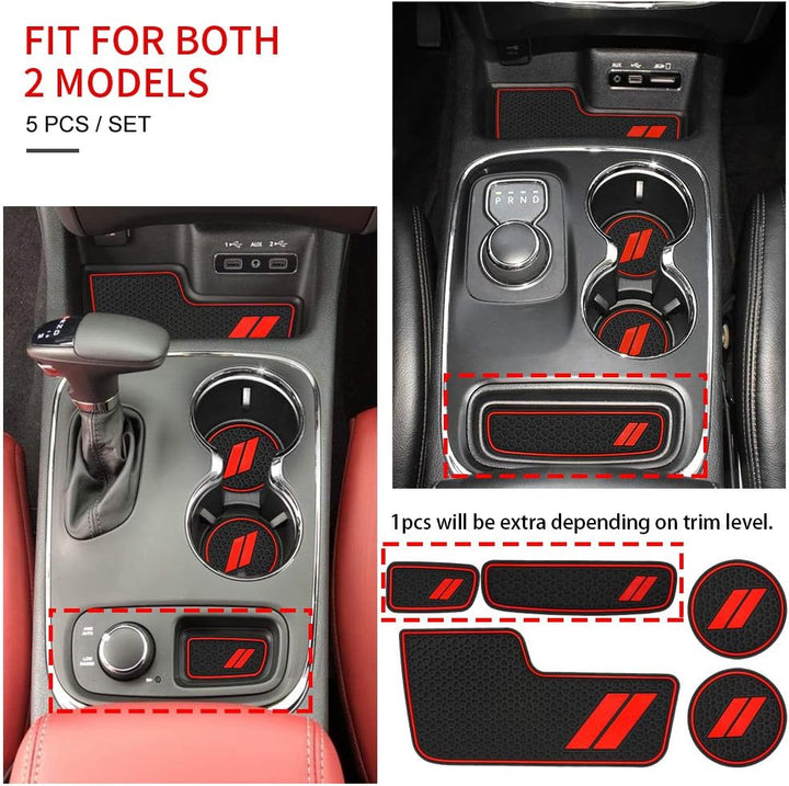 Center Console Mats for Durango Accessories 2014 2015 2016 2017 2018 2019 2020 Auto Car Cup Holder Insert/Coasters Custom Fit Cup Liners Pads Interior Decoration (5Pcs/Set, Red Trim)