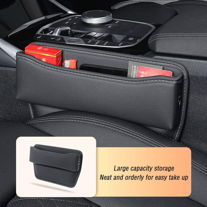 Large Capacity Car Seat Gap Filler with 2 Charge Hole - Microfiber Leather Seat Gap Organizer Storages Items & Keeps Car Quiet Tidy - Car Seat Storage Box for Phone,Key,Cigarette,Glasses (Black)
