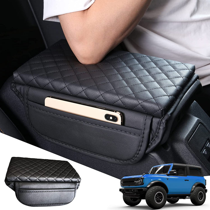Center Console Armrest Cover for Ford Bronco Accessories 2021 2022 2023 2024 2/4-Door with Leather Side Pockets Interior Accessories Prevent Scratching