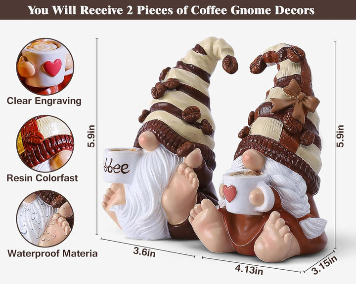 5.9'H Drinking Coffee Gnomes Statue Decoration 2PCS Couple Coffee Bar Accessories Decor Elfs Figurine Cute Resin Housewarming Gifts for Women Indoor Outdoor Home Ornament,Sit