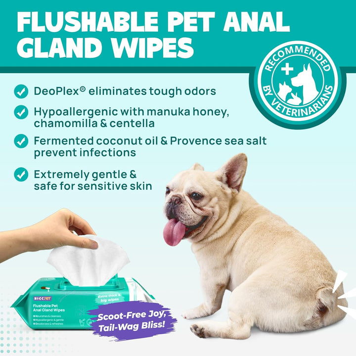 Flushable Plant Based Dog Wipes for Pets Cleansing & Deodorizing Anal Gland Hygienic Wipe​S for Dogs & Cats -Grooming Wipes for Paws, Body, and Butt -Puppy Essentials (100 Count)